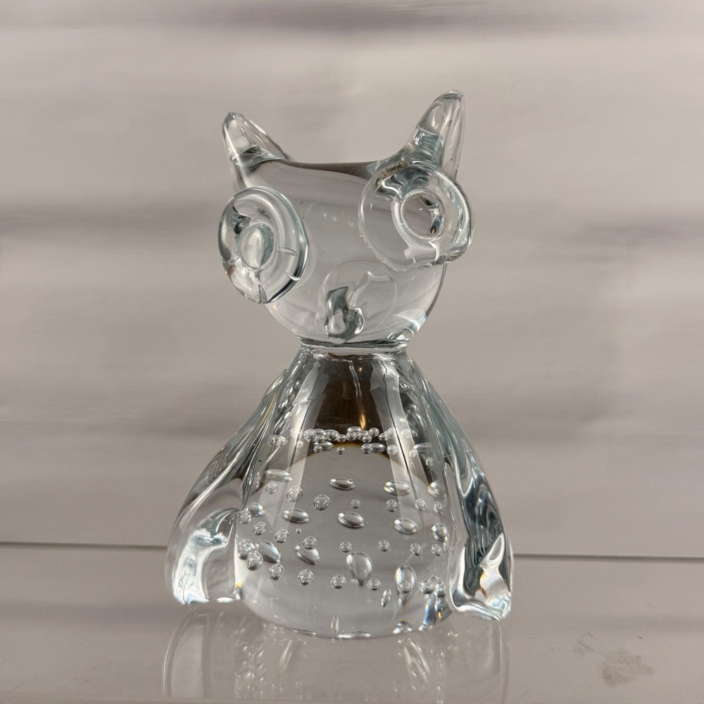 Vintage Clear Art Glass Owl Figurine Controlled Bubble Paperweight MCM